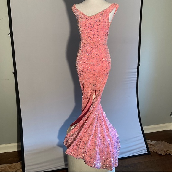 Dresses & Skirts - Faeriesty Dopamine XS Pink Crushed Velvet Bodycon Dress with Sequins, Front Slit